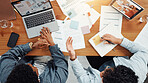 Teamwork, laptop and documents with business people in office for meeting, schedule or research. Budget report, project progress and paperwork with above of employees for online review and planning