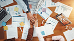 Team, hands together and documents with business people in office for meeting, account agreement and report. Budget performance, chart growth and solidarity with above of employees for support