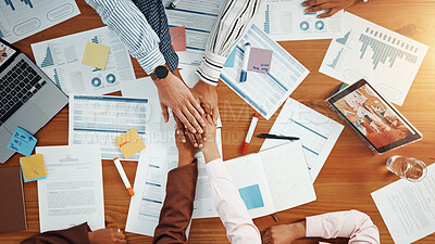 Buy stock photo Team, hands together and documents with business people in office for meeting, account agreement and report. Budget performance, chart growth and solidarity with above of employees for support