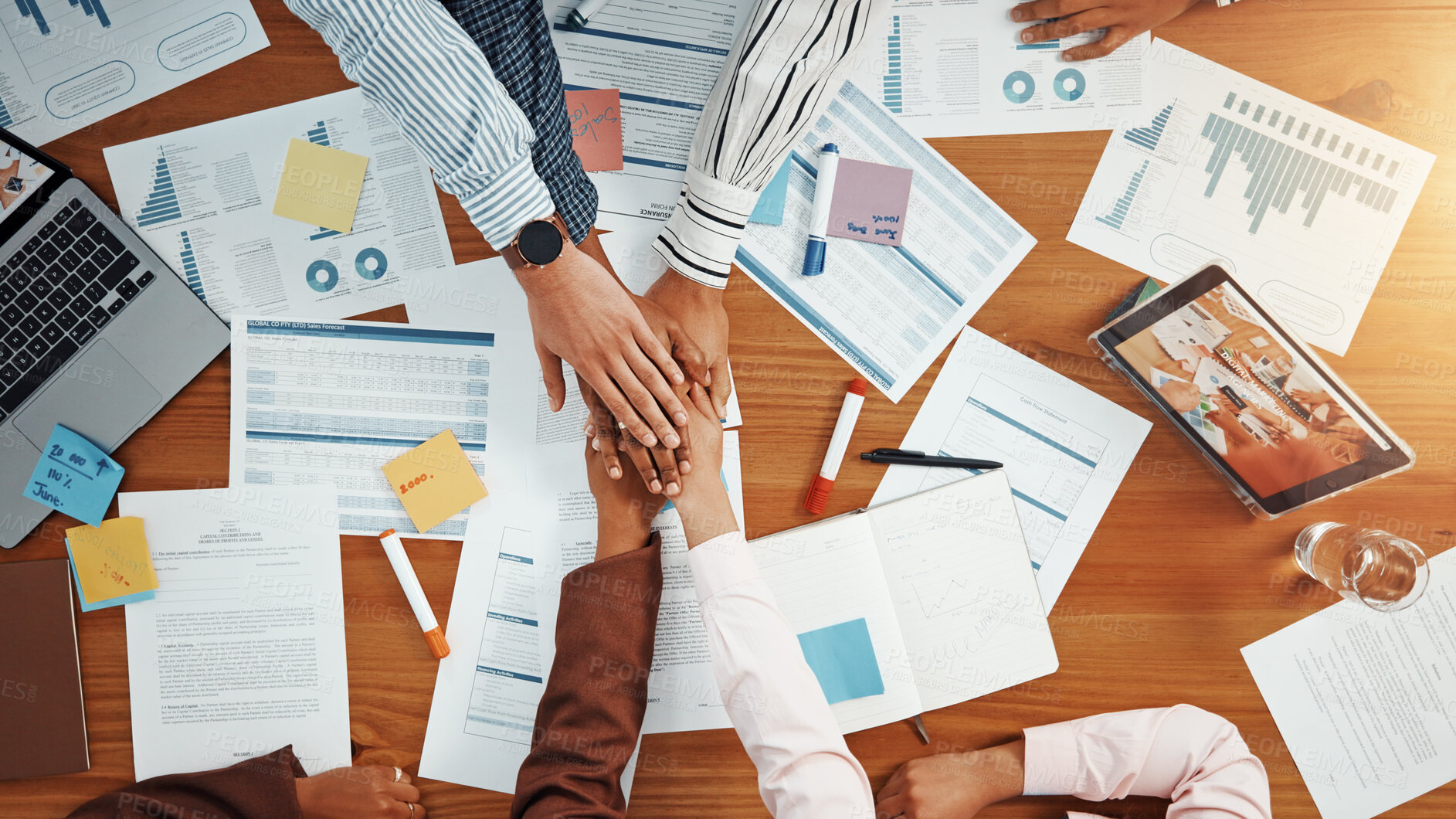 Buy stock photo Team, hands together and documents with business people in office for meeting, account agreement and report. Budget performance, chart growth and solidarity with above of employees for support
