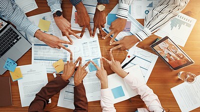 Buy stock photo Team, star and documents with hands of business people for meeting, account agreement and synergy. Budget performance, chart growth and solidarity with above of employees for support and partner