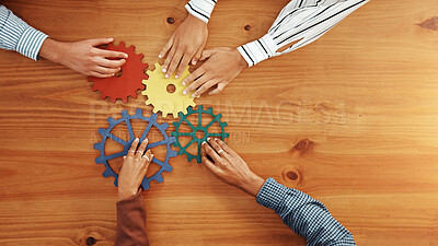 Buy stock photo Above, hands and business people with gears for  collaboration, solution and support. Solidarity, employees or team building with space, synergy and problem solving with puzzle system in office
