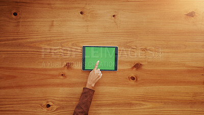 Buy stock photo Green screen, tablet and hands of businesswoman in office for research, email or networking. Chroma key, pointing and team of corporate employee with digital technology for communication by table.