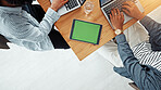 Office, coworkers and people with laptop for project, green screen or copywriting of article on web. Mockup, tablet and colleagues with tech for ad campaign, above and typing for email marketing