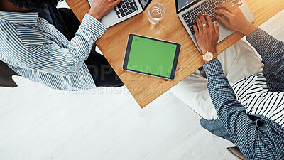 Buy stock photo Green screen, coworkers and people with tablet for article, office or copywriting of project on web. Mockup space, laptop and colleagues with tech for ad campaign, above or typing for email marketing