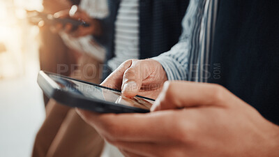 Buy stock photo Business people, hands and typing with phone in waiting room for career search or job research. Closeup, group or employees browsing with mobile smartphone in line or row for interview in workplace