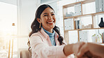Happy, business woman and meeting with handshake for partnership, agreement or deal in workplace. Female person, employee or shaking hands with smile for introduction, recruiting or hiring in office