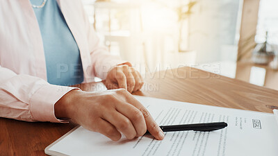 Buy stock photo Pen, paperwork and hands of woman for signature in office with deal, legal documents or title deed. contract, agreement and business person for registration, sign up or application for insurance loan