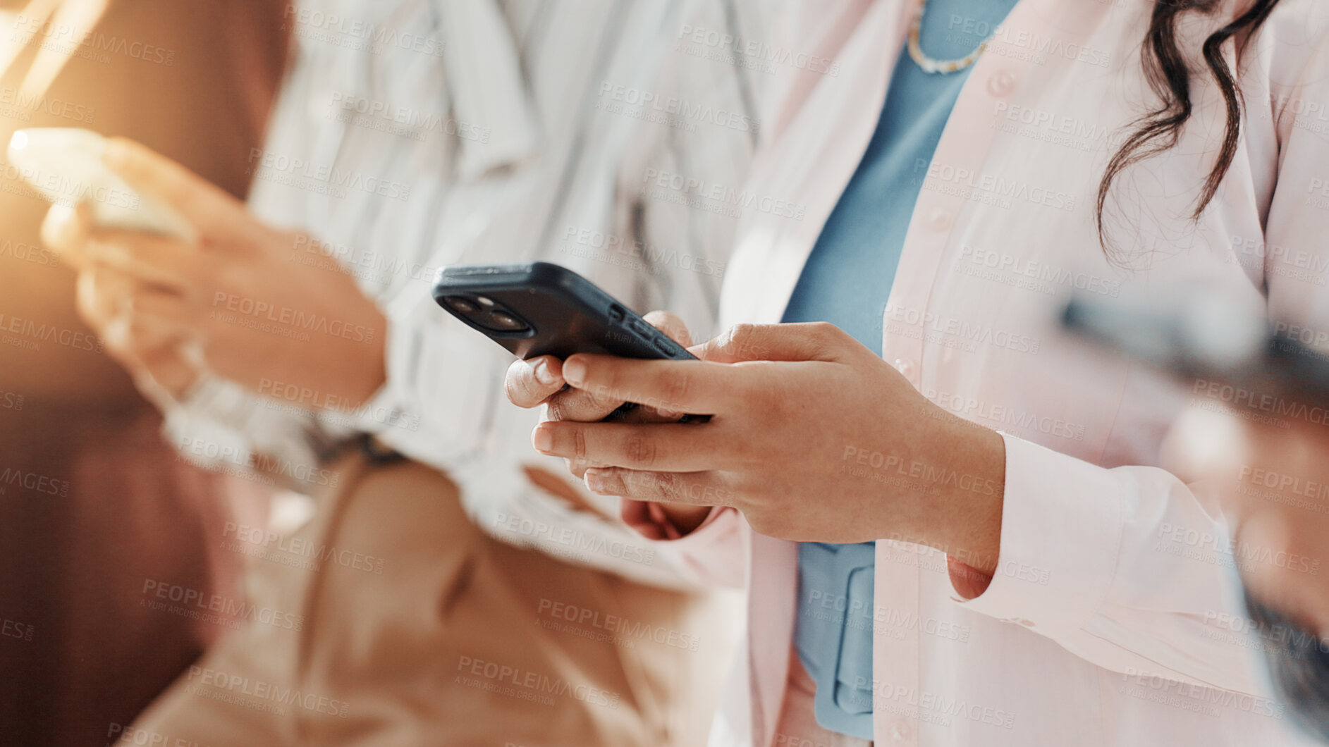 Buy stock photo Phone, hands and business people in row for hiring, contact app or HR info for job. Mobile, line and group of workers in waiting room with research, network and recruitment requirements online for CV