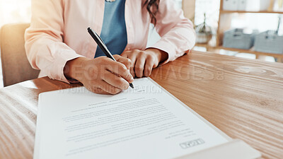 Buy stock photo Hands, document and woman in office, signing and compliance agreement with candidate. Closeup, person and employee with legal paperwork, contract and pen with signature, onboarding and negotiation