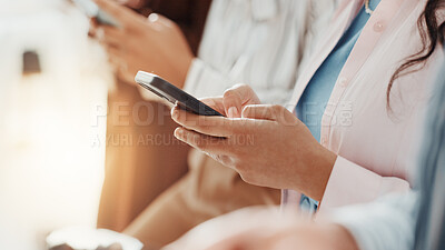 Buy stock photo Business, hands and woman with smartphone, people and message to contact, waiting and digital app. Closeup, person and candidates in workplace, cellphone or online chatting with website info or email
