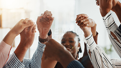 Buy stock photo Unity, team and people in office, holding hands and solidarity for corporate company and colleagues. Partnership, together and collaboration of group for business growth, trust or support for synergy