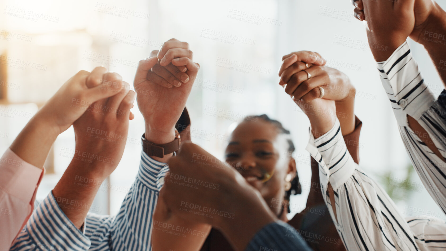 Buy stock photo Unity, team and people in office, holding hands and solidarity for corporate company and colleagues. Partnership, together and collaboration of group for business growth, trust or support for synergy