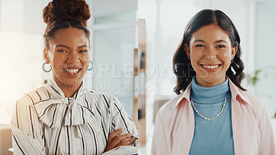 Buy stock photo Portrait, office and business people with collage, smile or confidence in creative agency. Happy women, about us and employee in administration for staff, montage and career ambition in workplace