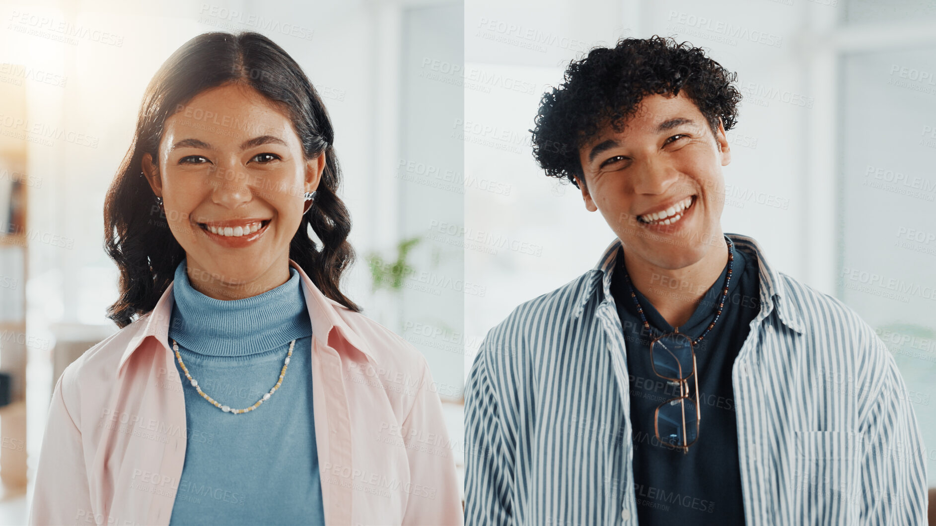 Buy stock photo Portrait, office and business people with collage, team or confidence in creative agency. Happiness, about us and proud employee in administration for staff, smile and career ambition in workplace