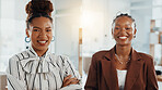 Portrait, office and business women with collage, confidence or smile in creative agency. Happy people, about us and proud employee in administration for staff, team and career ambition in workplace