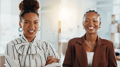 Buy stock photo Portrait, office and business women with collage, confidence or smile in creative agency. African people, about us and proud in administration for happy, staff and career ambition in workplace