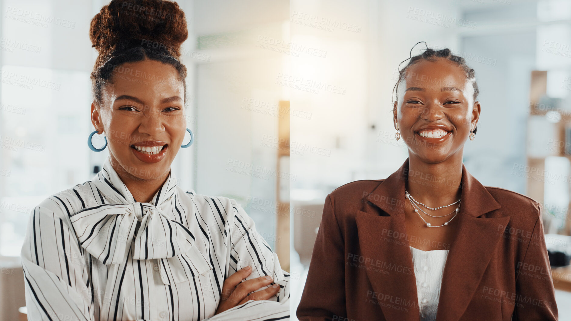 Buy stock photo Portrait, office and business women with collage, confidence or smile in creative agency. African people, about us and proud in administration for happy, staff and career ambition in workplace