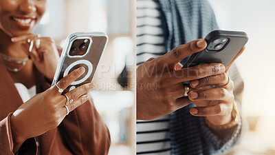 Buy stock photo Connection, collage and hands of people with phone for business networking, team chat or data sync. Creative agency, employees and smartphone in office for campaign feedback, email or online research