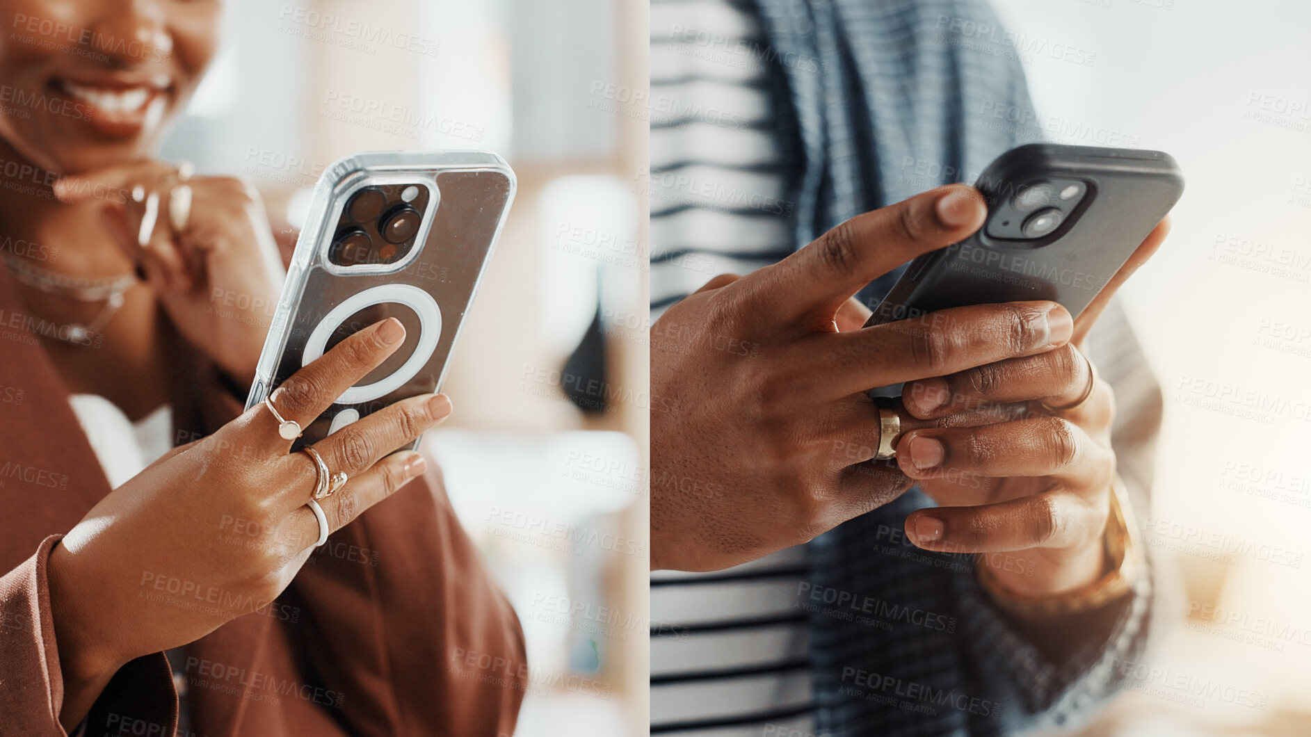 Buy stock photo Connection, collage and hands of people with phone for business networking, team chat or data sync. Creative agency, employees and smartphone in office for campaign feedback, email or online research