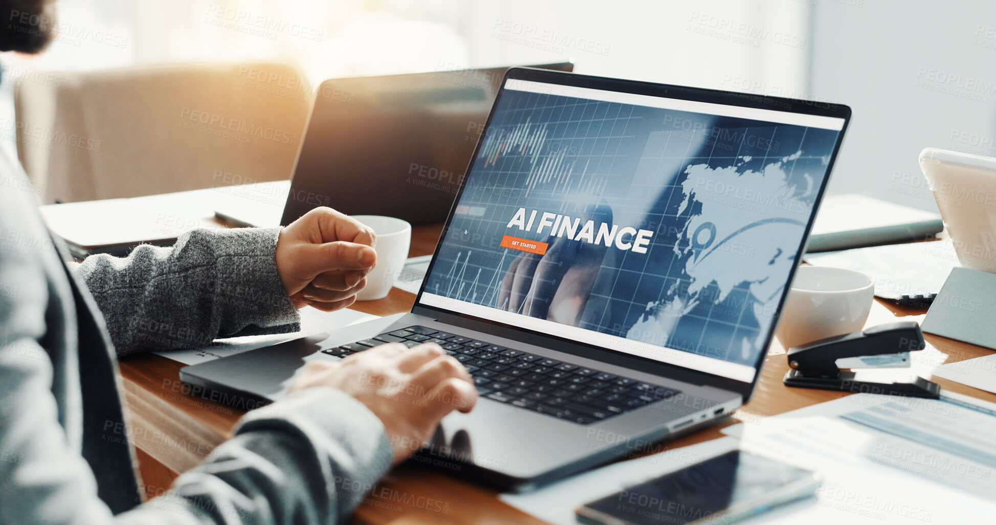 Buy stock photo Hands, laptop and screen for ai, finance and scroll for research, fintech and futuristic solution. Person, computer and developer with artificial intelligence for global banking system at agency