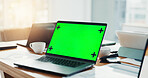 Laptop, green screen and accounting in office for research, finance report and documents. Mockup space, technology and management for financial planning, tax information and investment proposal