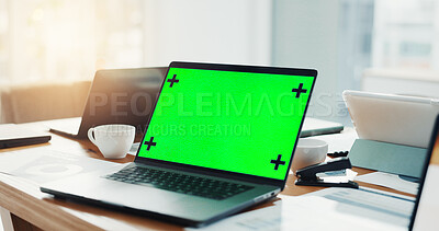 Buy stock photo Laptop, green screen and accounting in office for research, finance report and documents. Mockup space, technology and management for financial planning, tax information and investment proposal
