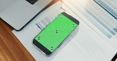 Buy stock photo Phone, green screen and document in office for research, finance report and paperwork. Mockup space, technology and budget management for financial planning, tax information and investment proposal