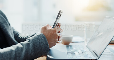 Buy stock photo Laptop, phone and hands of businessman in office with communication, networking or contact online. Cellphone, computer and financial manager with finance report on email for client in workplace.