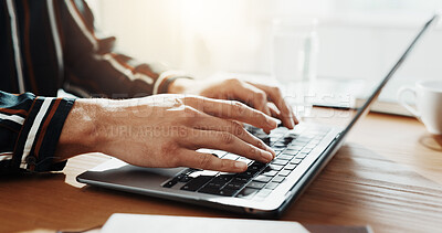 Buy stock photo Typing, hands and business person on laptop for finance report, online proposal and research. Office, corporate and worker on computer for planning, website and budget review for financial career
