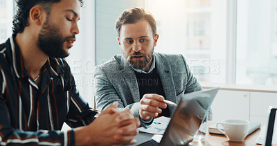 Buy stock photo Training, research and laptop with business people in office for trading, broker boss and teamwork. Stock market report, investment solution and coaching with employees in agency for economy analyst