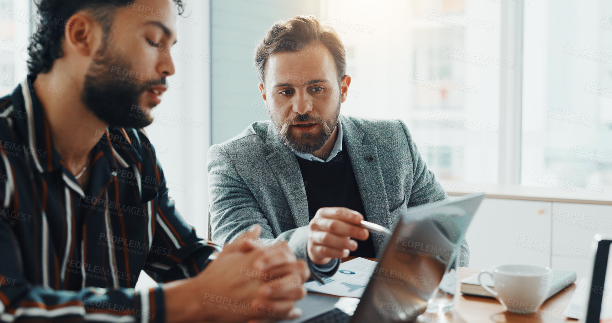 Buy stock photo Training, research and laptop with business people in office for trading, broker boss and teamwork. Stock market report, investment solution and coaching with employees in agency for economy analyst