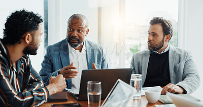 Buy stock photo Boss, research and laptop with business people in office for trading, broker training and teamwork. Stock market report, investment solution and coaching with employees in agency for economy analyst