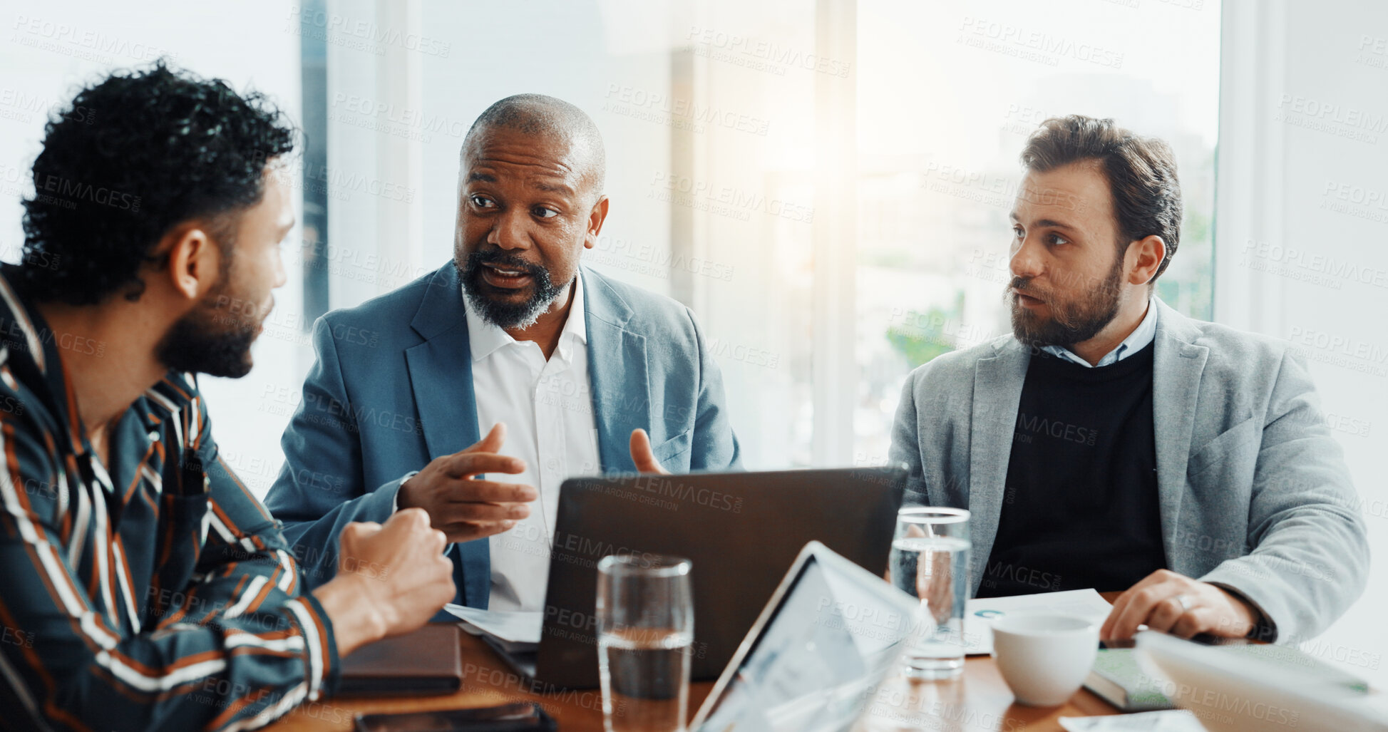 Buy stock photo Boss, research and laptop with business people in office for trading, broker training and teamwork. Stock market report, investment solution and coaching with employees in agency for economy analyst