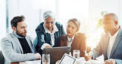 Buy stock photo Teamwork, explain or business people on laptop in meeting for budget growth, funding plan or feedback. Portfolio, research or analyst talking to investor for finance review or online report in office