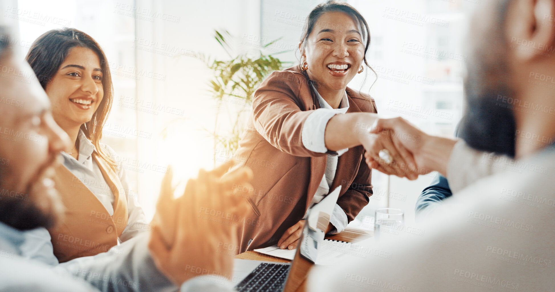 Buy stock photo Woman, handshake and business people with applause, meeting and deal with congratulations at office. Team, success and shaking hands with B2B collaboration, achievement and goals at finance agency