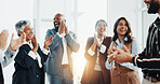 Applause, happy and business people in office for good news, achievement or goal in collaboration. Teamwork, clapping hands and group of financial advisors with celebration for investment target.