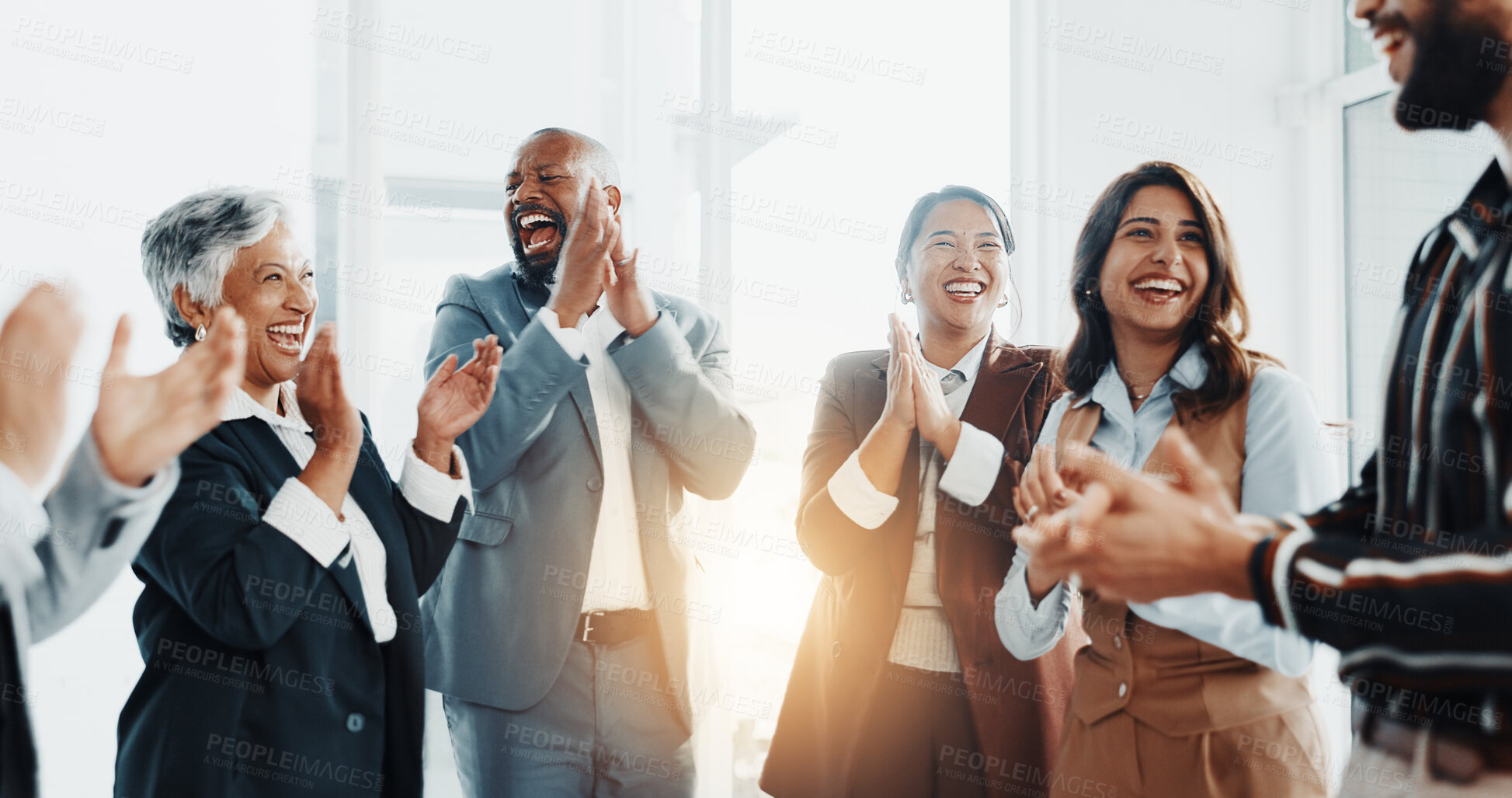Buy stock photo Applause, happy and business people in office for good news, achievement or goal in collaboration. Teamwork, clapping hands and group of financial advisors with celebration for investment target.