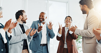 Buy stock photo Clapping hands, teamwork and business people in office for good news, achievement or goal. Happy, applause and group of financial advisors with celebration for investment target in collaboration.
