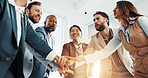 Business people, happy and hands together in group for goal, collaboration or corporate target. Smile, staff mission or employees in huddle to celebrate partnership, teamwork or success in office