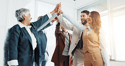 Buy stock photo Happy people, teamwork and high five in office for goal, collaboration or corporate target. Smile, staff mission or group of employees in celebration for partnership, agreement or business success