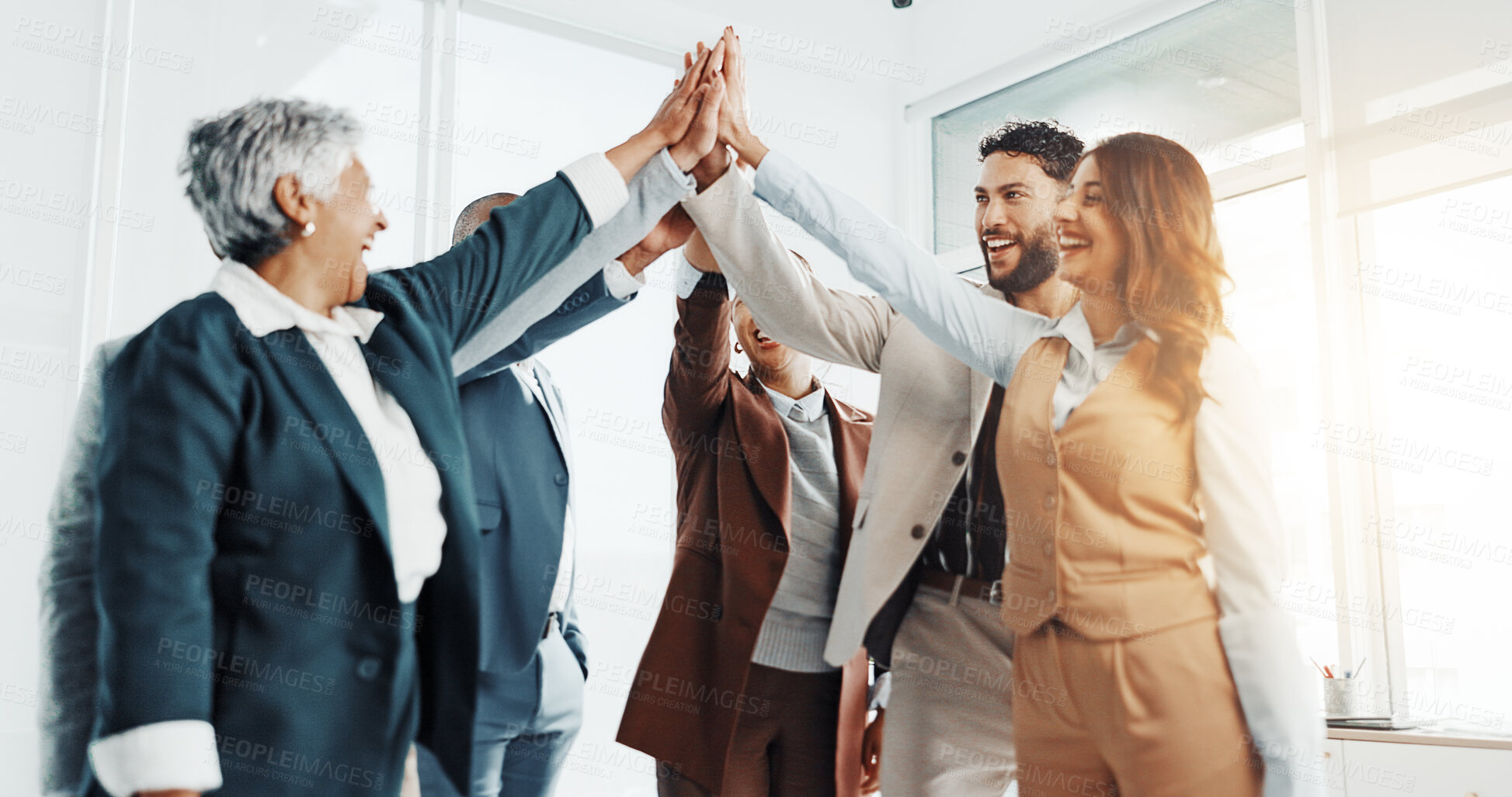 Buy stock photo Happy people, teamwork and high five in office for goal, collaboration or corporate target. Smile, staff mission or group of employees in celebration for partnership, agreement or business success