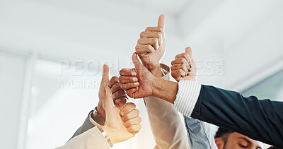 Buy stock photo Hands, goal or business people with thumbs up in office for good job, company or well done. Group, staff or employees in meeting with team, positive support or yes sign for skills review or success