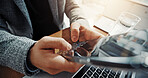 Above, corporate and person typing with phone for communication, email and client feedback. Hands, employee and screen with mobile for texting, online search and contact chat for networking business