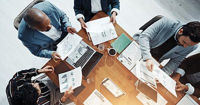 Buy stock photo Documents, laptop and business people in office for meeting with finance proposal from above. Paperwork, computer and financial advisors with investment statistics in collaboration for discussion.
