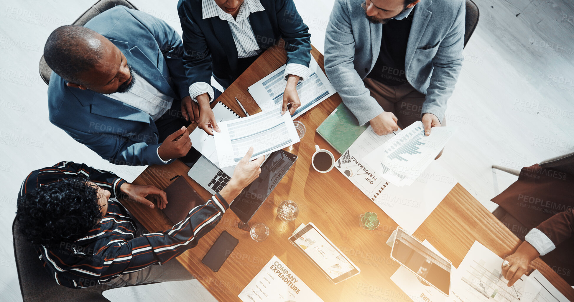 Buy stock photo Documents, discussion and business people in office in collaboration for finance proposal from above. Paperwork, meeting and team of financial advisors with investment statistics for forecasting.
