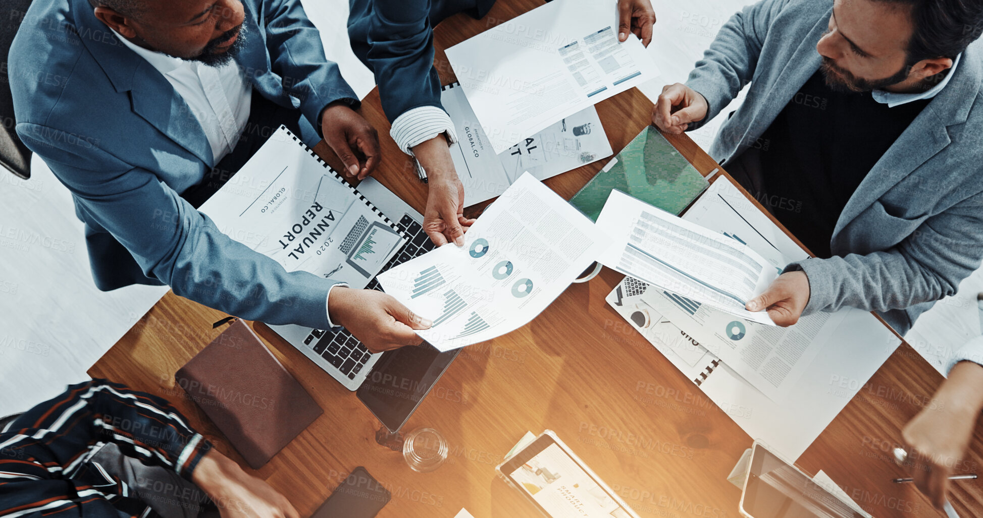 Buy stock photo Documents, meeting and business people in office with teamwork for finance proposal from above. Reports, discussion and financial advisors with investment statistics for forecasting in collaboration.