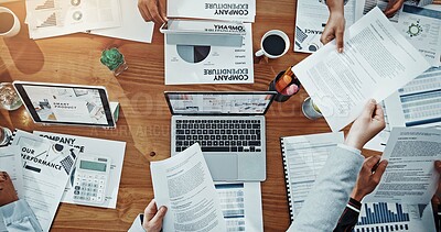 Buy stock photo Documents, research and planning with hands of business people for expenditure report, budget and meeting. Teamwork, project capital and revenue paperwork with above of employees for audit invoice