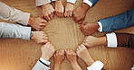 `Teamwork, circle and hands of business people with fist bump for solidarity, agreement and partnership. Professional, corporate and above of workers for collaboration, support and coworking synergy