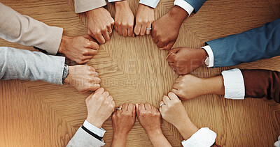 Buy stock photo `Teamwork, circle and hands of business people with fist bump for solidarity, agreement and partnership. Professional, corporate and above of workers for collaboration, support and coworking synergy